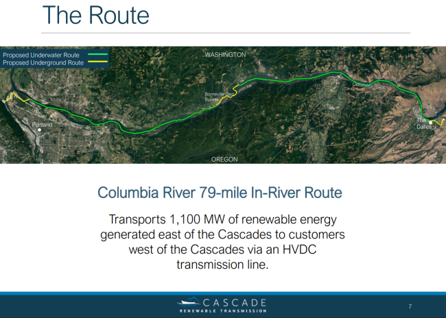 Proposed route of transmission line from The Dalles, Oregon to Portland, Oregon.